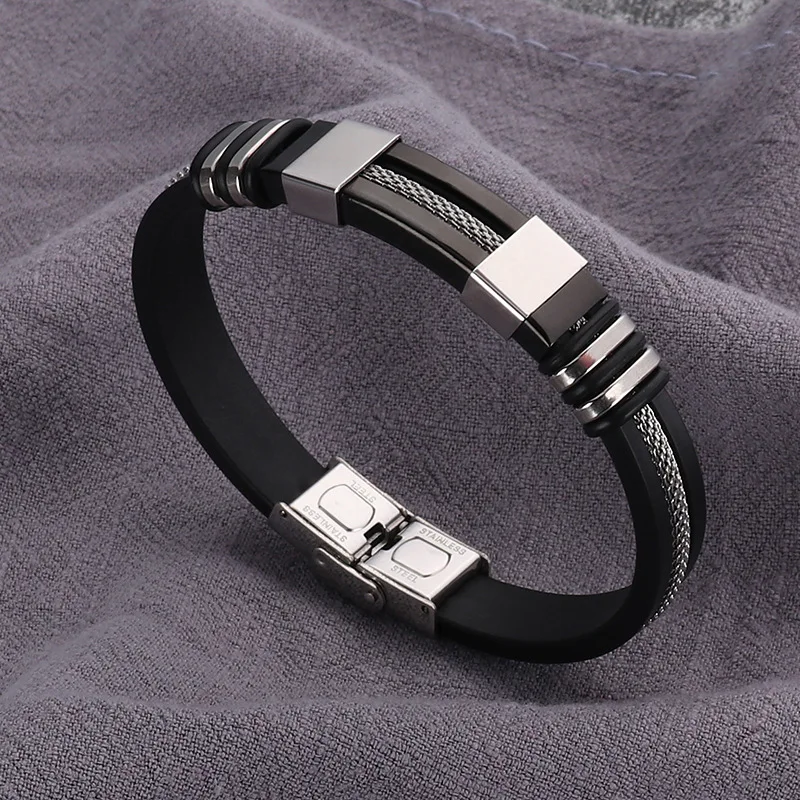 Fashion Stainless Steel Bracelets Men Wrist Band Black Grooved Rudder Silicone Mesh Link Insert Punk Wristband Casual Bangles