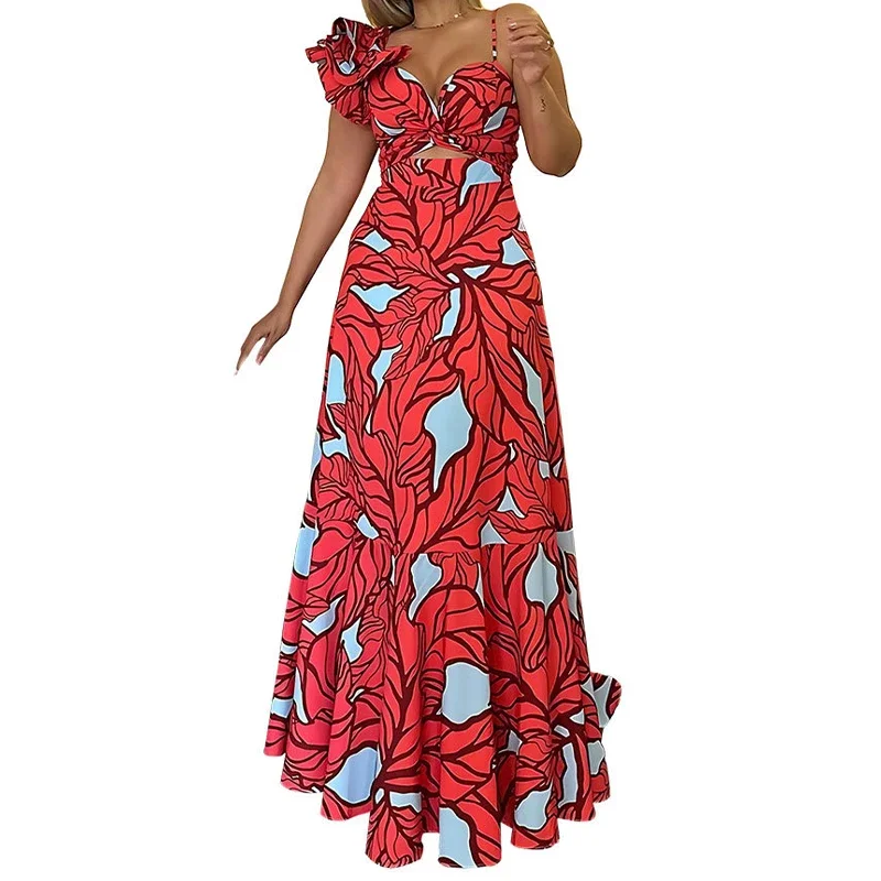 Robe longue plissée à bretelles en fibre creuse pour femme, robe bohème décontractée, robe de soirée taille haute, imprimé floral élégant, sexy, été