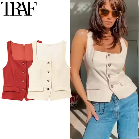 TRAF 2025 민소매 조끼 자켓 자른 여성 조끼 버튼 자켓 여름 꽉 탑 정장 조끼 사무실 양복 조끼 여성 088