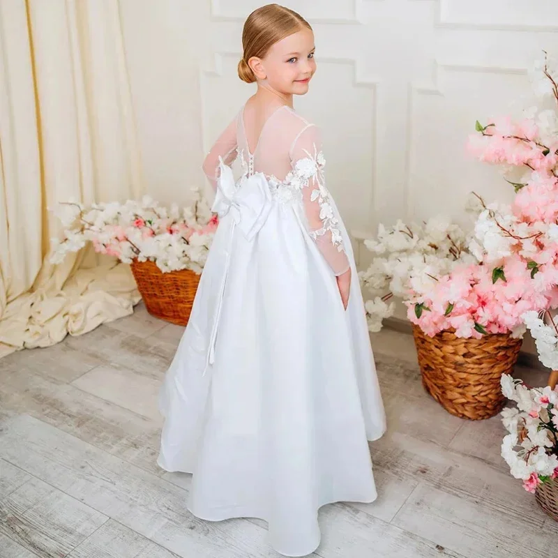 

White Lace Flower Girl Dress For Wedding Long Sleeve Tulle Floor Lenght Kids Birthday Party First Communion Gown Custom