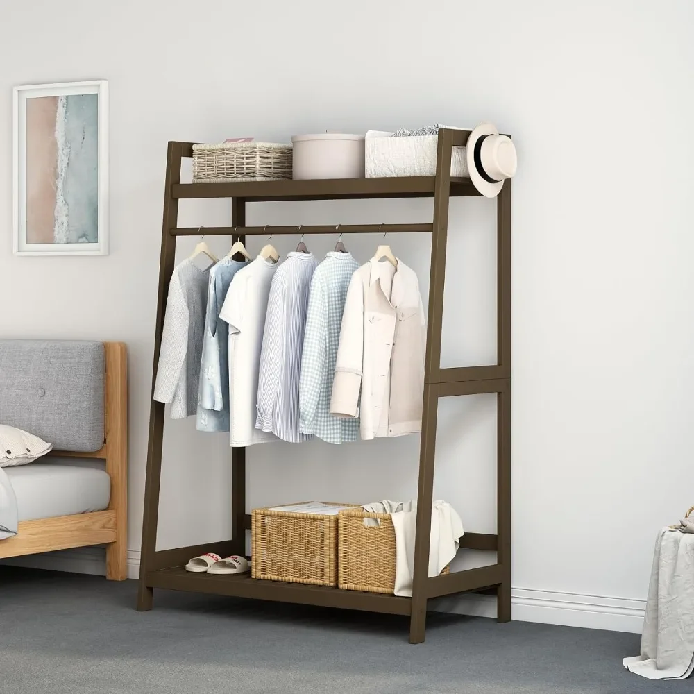 

Open Wood Garment Rack with Storage Shelves and Rod, Freestanding Clothing Rack, Solid Woods Hanger, Hanging Clothes, Bedroom