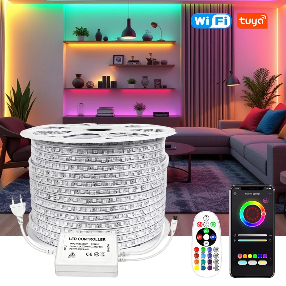 220V RGB Lights Led Strip 5050SMD TUYA WiFi,Bluetooth,IR Remote 60LEDs/M 1M 10M 30M 50M Waterproof Led Tape RGB Led Ribbon