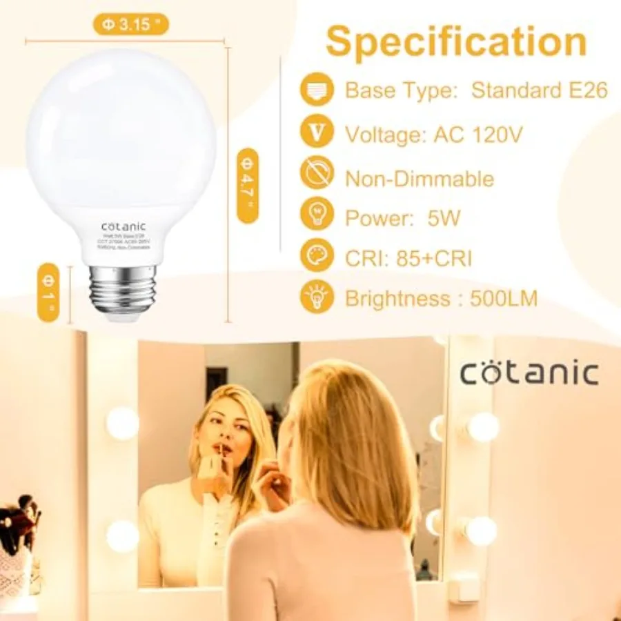 G25 LED Vanity Light Bulb White, Globe Light Bulbs for Bathroom Vanity Mirror 500LM, E26 Screw Base 5W 60W Incandescent Equival