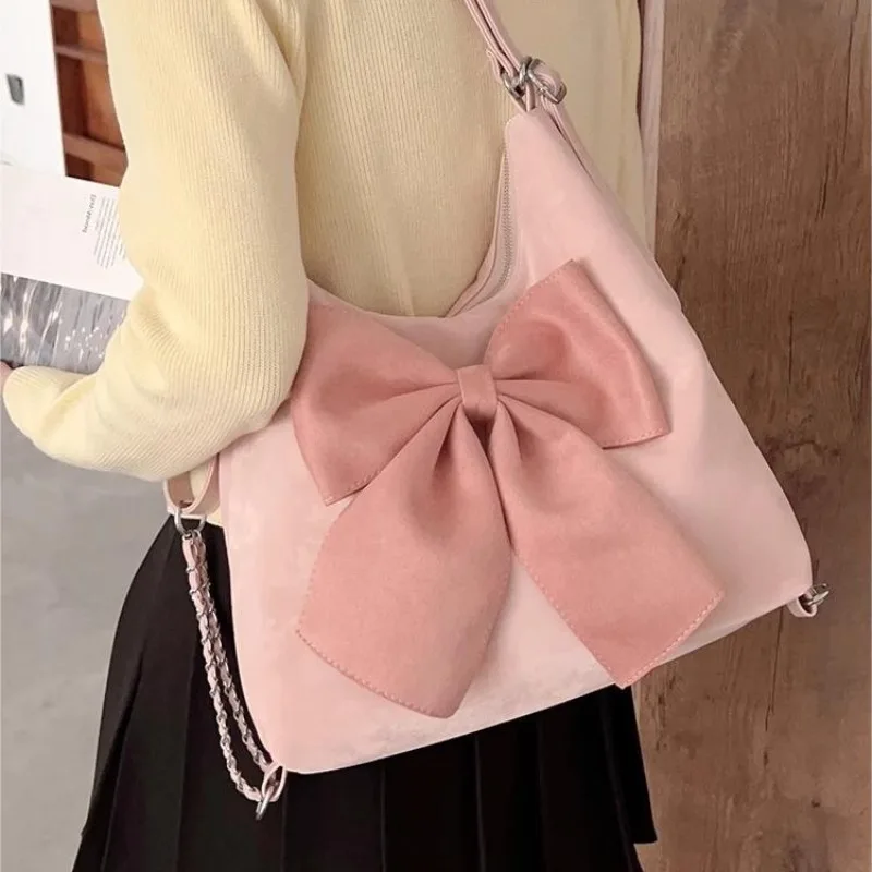 

Xiuya Pink Bow Womens Shoulder Bag Korean Style Fashion Large Capacity Sweet Backpack Cute Exquisite Elegant New Female Tote Bag