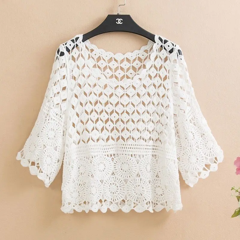 ฤดูร้อนผ้าฝ้ายโครเชต์ Openwork เสื้อสวมหัวผู้หญิงหลวมพอดีจับคู่ปกปิดเสื้อป้องกันแสงแดด