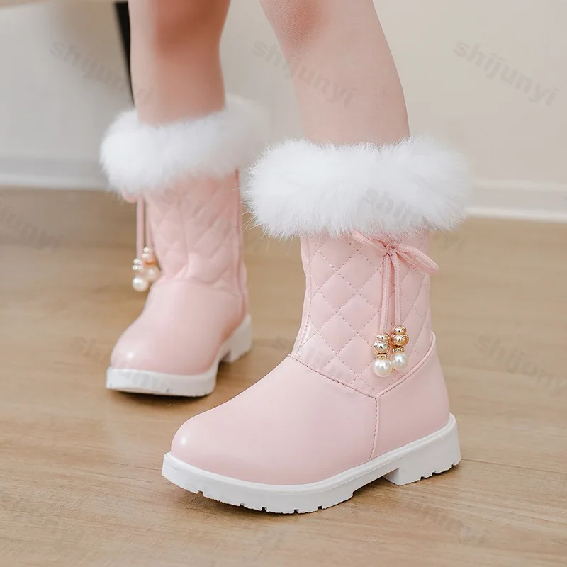 Bottes de neige en cuir PU pour enfants, chaussures mi-mollet pour filles, fermeture éclair latérale, coton, peluche, chaudes, coordonnantes,