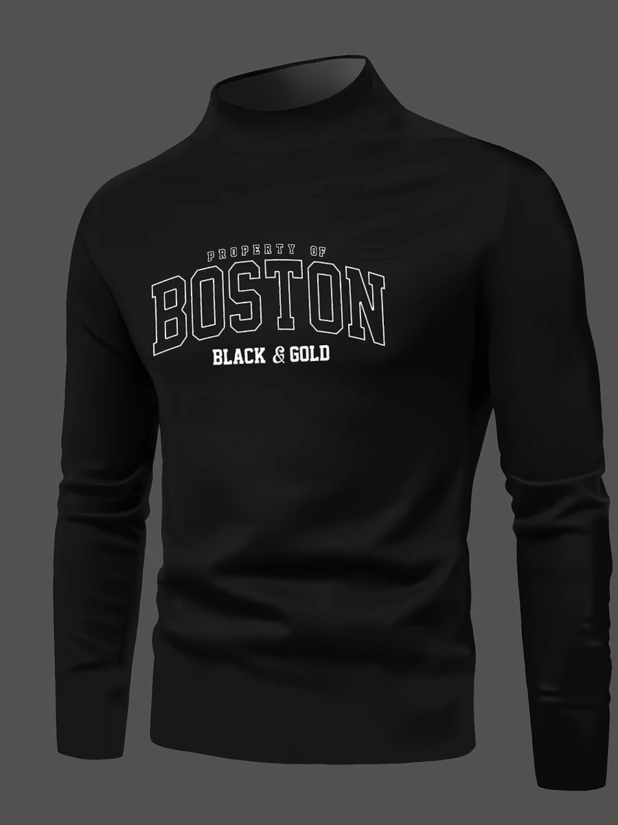 Men's Semi High Neck Long Sleeved Base Shirt With Boston Letter Print, Slim Fit Elastic Casual Long Sleeved T-Shirt