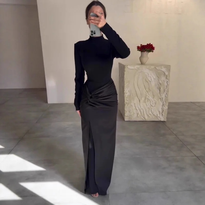 

2025New Autumn Style Simple Elegant Temperament Long Sleeve Slit Long Dress for Women