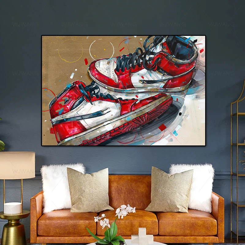 Graffiti Trendy Sneakers Canvas Painting, Retro High Sports Shoes, Basketball Posters and Prints, Wall Art for Office,Home Decor