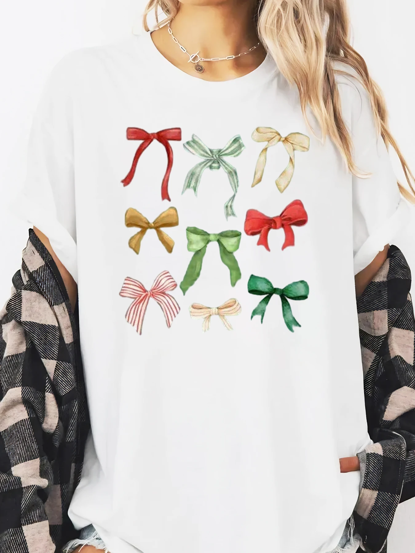 리본 프린트 크리스마스 긴팔 티셔츠 여성 캐주얼 휴일복 화이트 플러스 사이즈