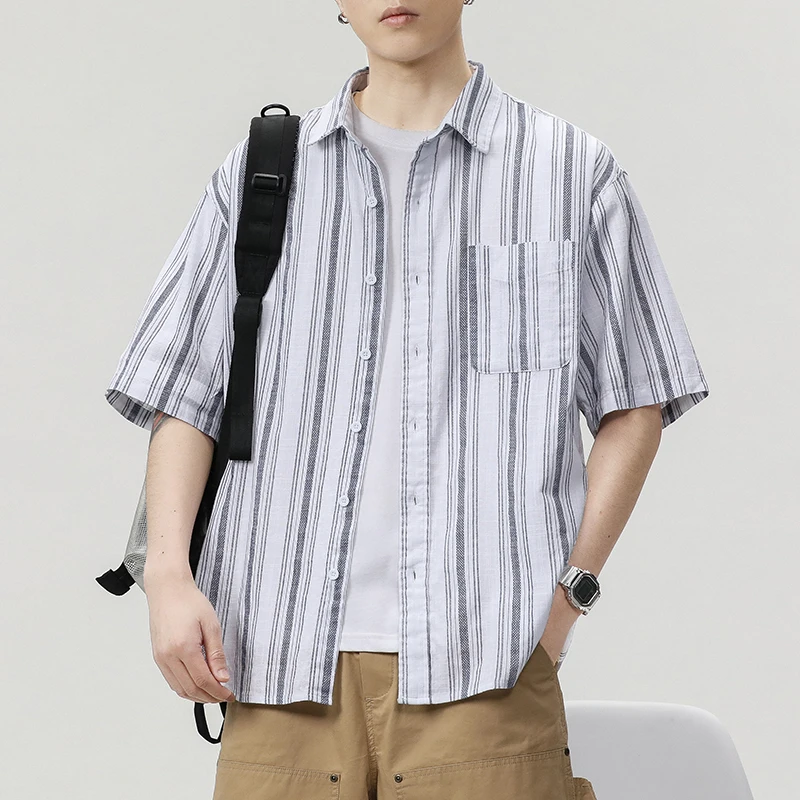 

Japanese Sle Striped ort Sve Cotton irt Men's Summer Loose Fit Pure Color Turn-down Collar Trendy Outerwear Top