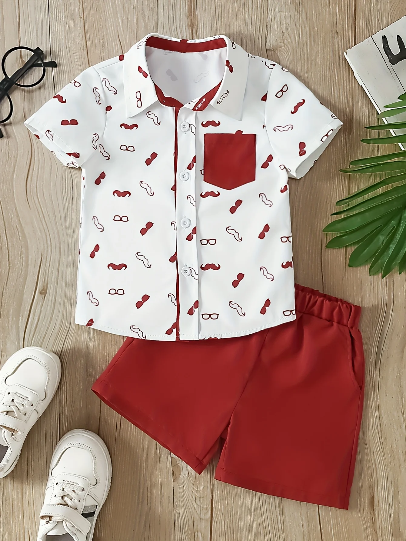 

Boys' 2025 New Summer Casual Simple Shirt Set Color-Blocked Printed Short-Sleeved Shirt Top + Pure Color Flap Pocket Pants Shorts Two-Piece Set