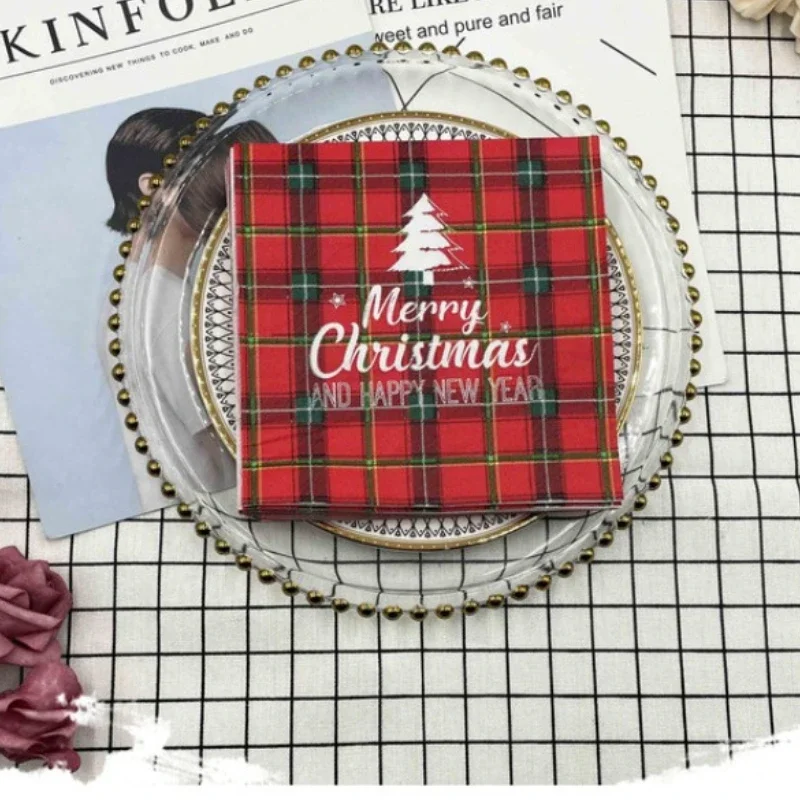 10/20pcs 33cm Colourful Printed Napkins Red Christmas Plaid Christmas Tree 2 Layers Restaurant Party Decoration Paper Napkins