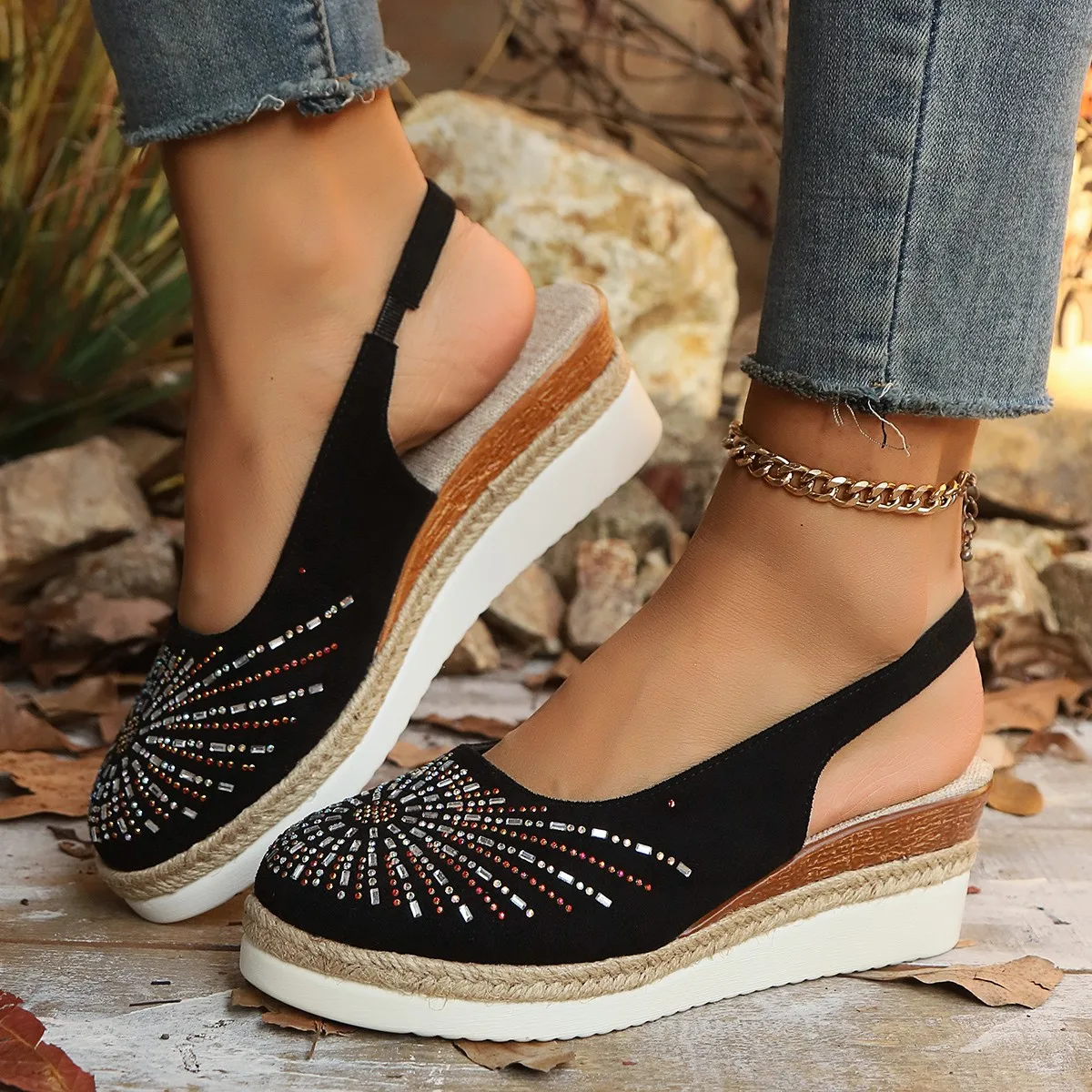 2025 Summer Women's Plain Wedge sandals Bohemian Handcrafted Diamond casual comfort platform pump shoes Sandalias De Mujer