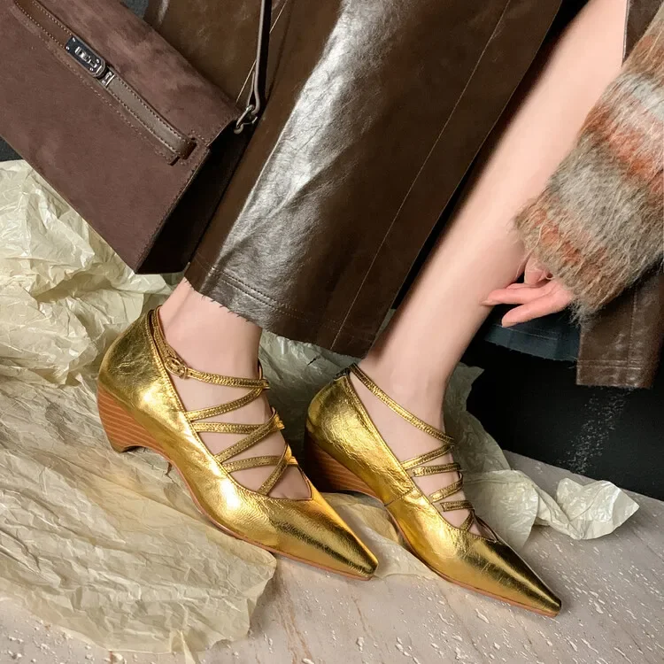 

Genuine Leather Square Toe Summer Women Sandals Wedge Heel Cross Strap Ankle Buckle High Heels Fashion Ankle Strap High Heels