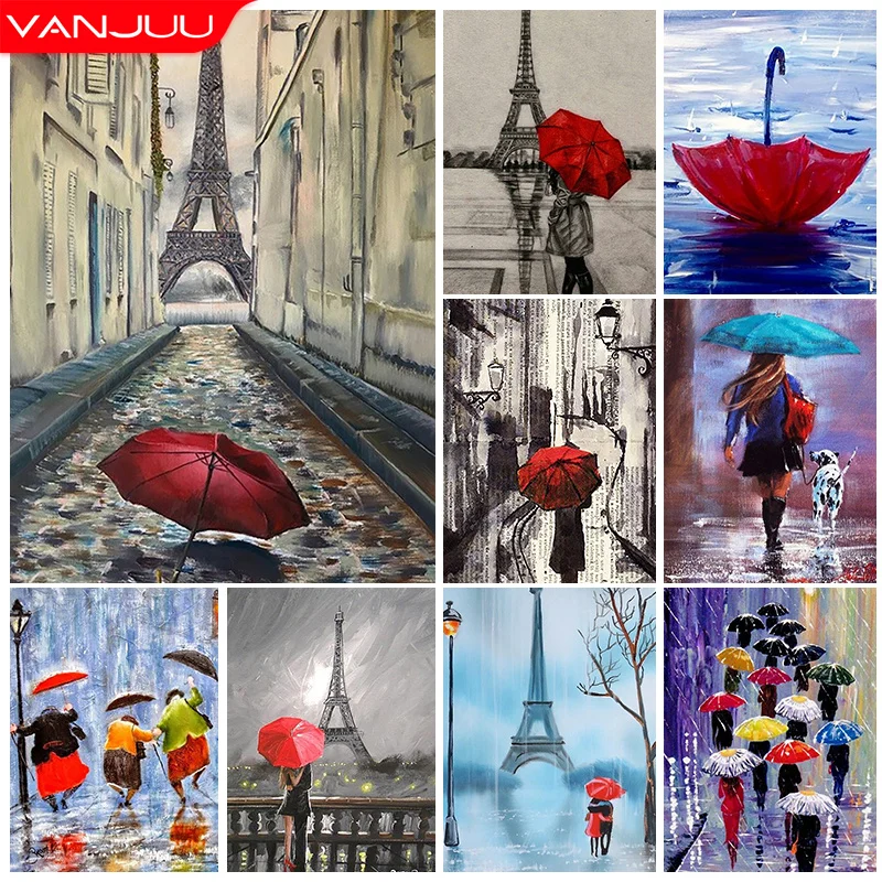 Ombrello rosso pittura diamante torre Eiffel paesaggio pieno trapano rotondo diamante mosaico strass immagini decorazioni per la casa regalo