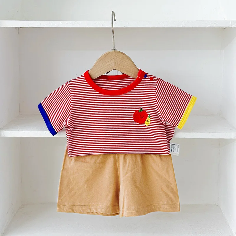 

Children's Clothing Summer Stripe Detachable Doll Neck T-shirt+Solid Color Shorts Two Piece Set 2023