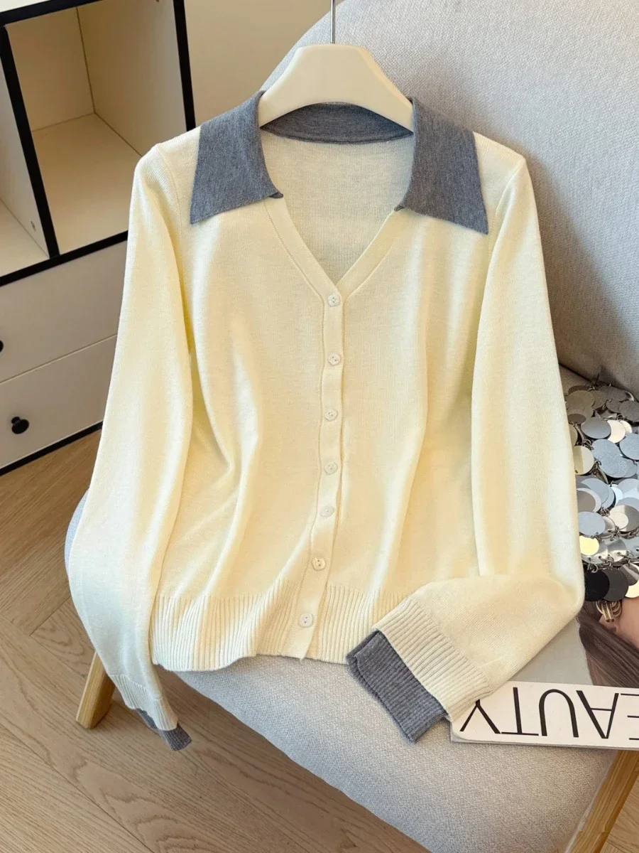 

Вязаный кардиган с воротником-поло Blubelle, женский осенний наряд 2025 года, облегающий базовый топ с длинными рукавами