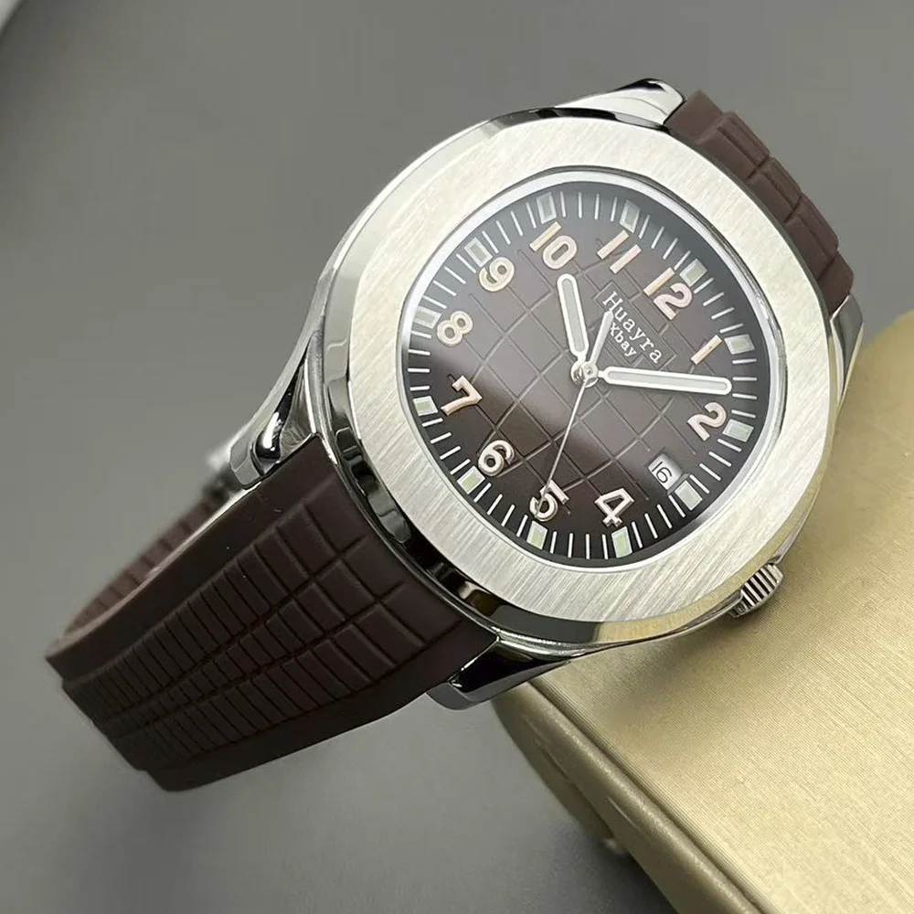 Miyota 8215 Men's Mechanical Watch, Rubber Bracelet, Stainless Steel Case, AQUANAUT Coffee-Colored Dial, Water-Resistant