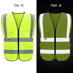 Reflective Safety Vest High Visibility Night Work Security sleeveless Yellow Vest Construction Workwear Zipper & Pockets Adults