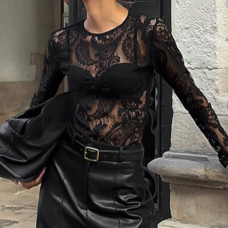 

Pure Desire Style Sexy Hollow Lace Knitted Bottoming Shirt Women's Design Sense Fashion and Thin Slim Versatile Top