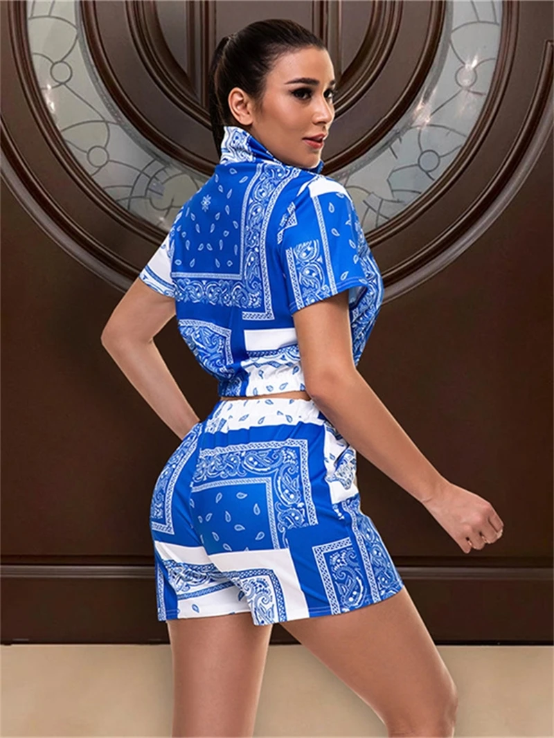 Paisley Bandana Print 2 Piece Sets Women Outfit Summer Clothes Women 2024 Zip Up Crop Top Short Sets Casual Tracksuit Woman Sets