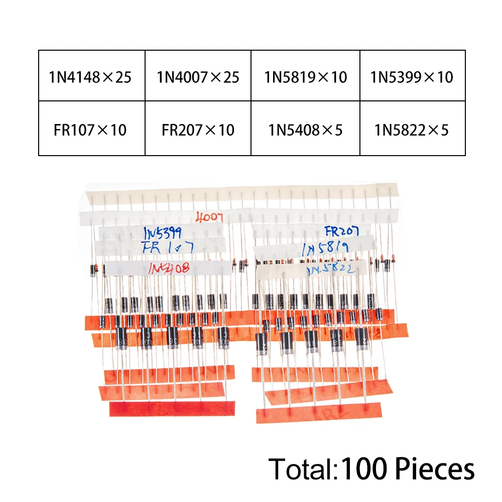 100PCS1N5408 8Values Schottky Diode Kit 1N4148 1N4007 1N5399 FR107 1N5408 1N5822 for Electronic Projects Rectification FR207