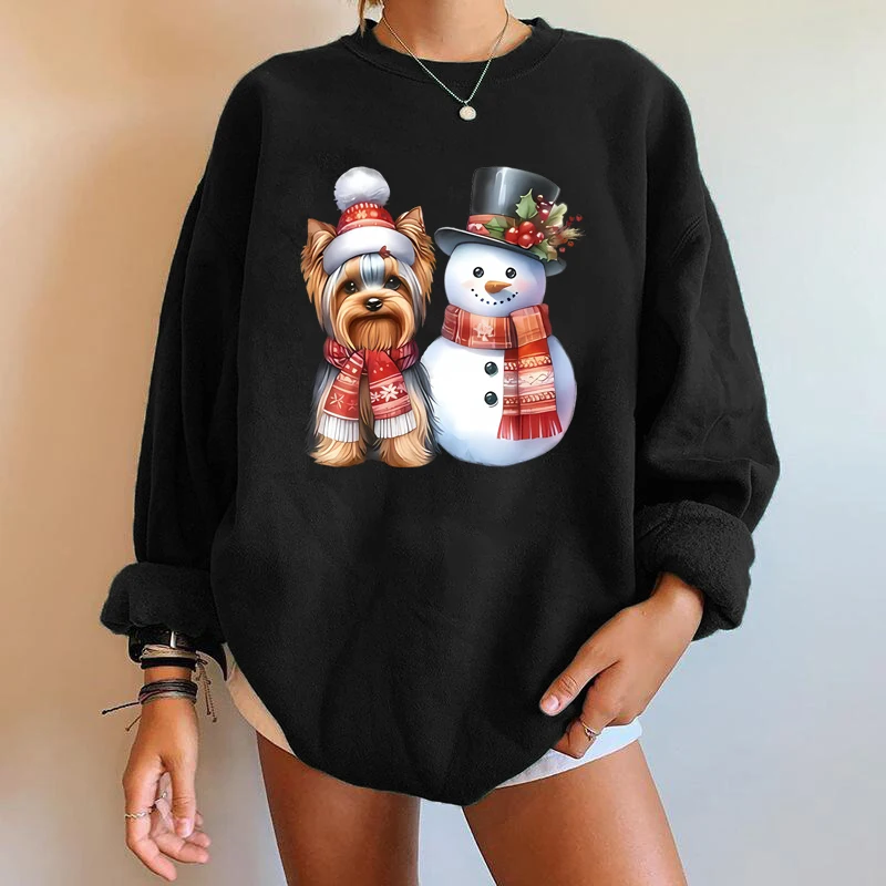 Christmas fashion snowman dog pattern y2k trendy printed sweatshirt round neck casual sweatshirt autumn spring women\'s clothing