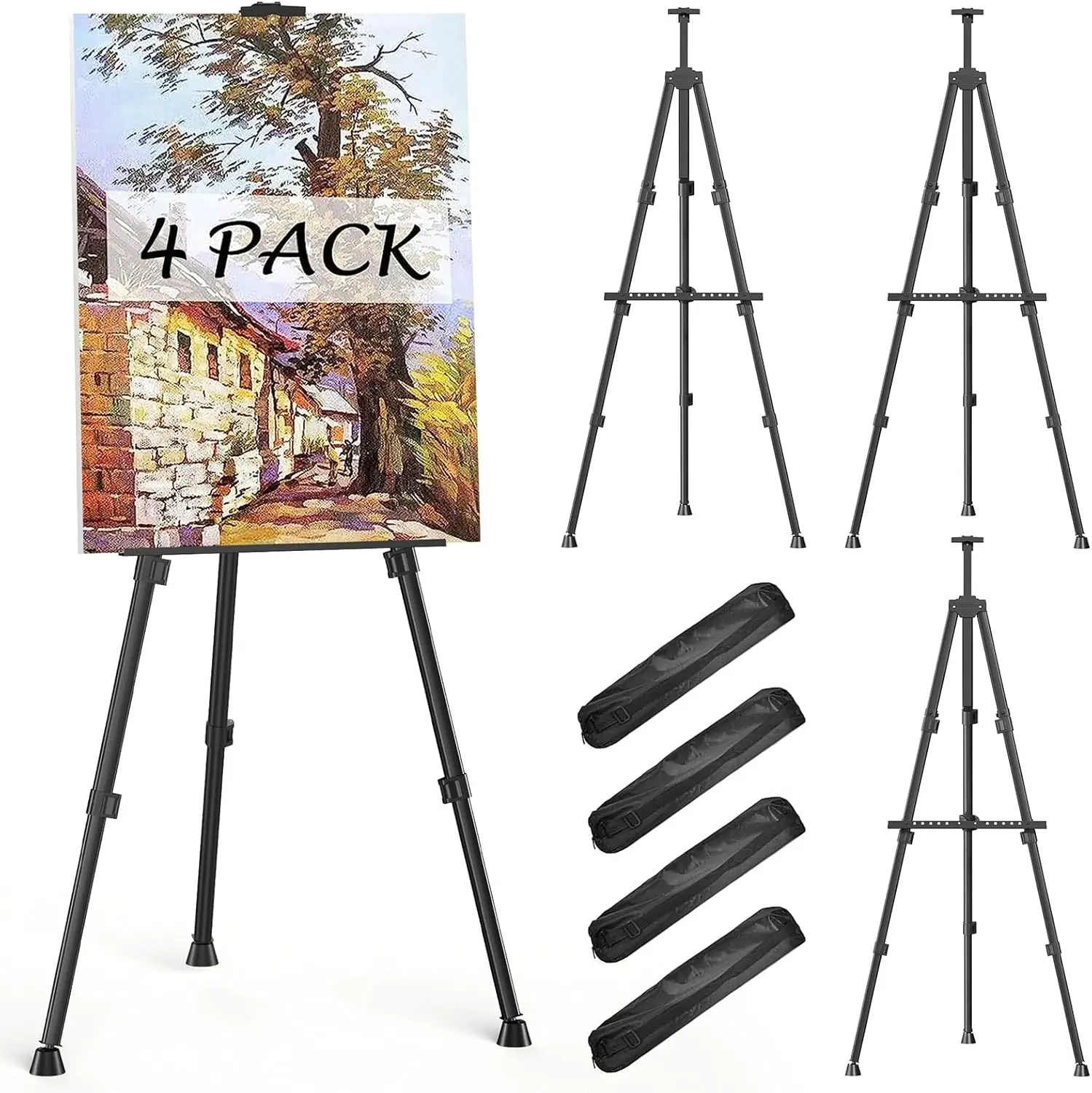 

66" Art Easel for Painting Canvas with Adjustable Height and Carrying Pouch, Metal Tabletop Easel Stand for Drawing, 4 Pack