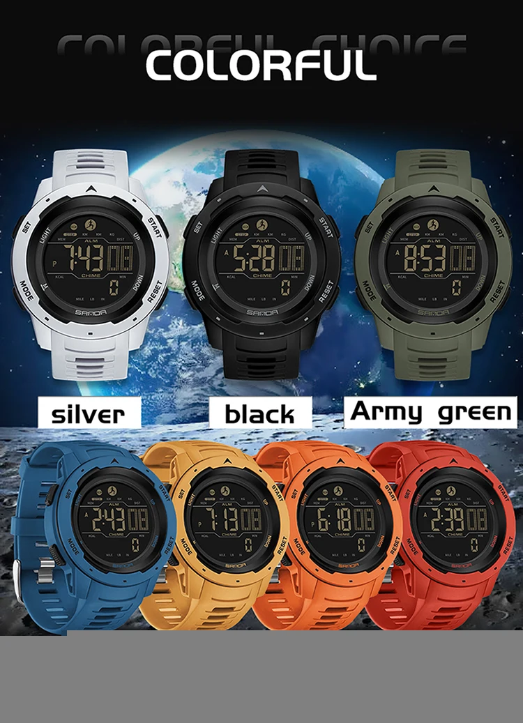 SANDA 2145 Herren-Sportuhr, Schrittzähler und Kalorienzähler, 50 m wasserdichte LED-Digital-Militärarmbanduhr, Relogio Masculino – Detail 10