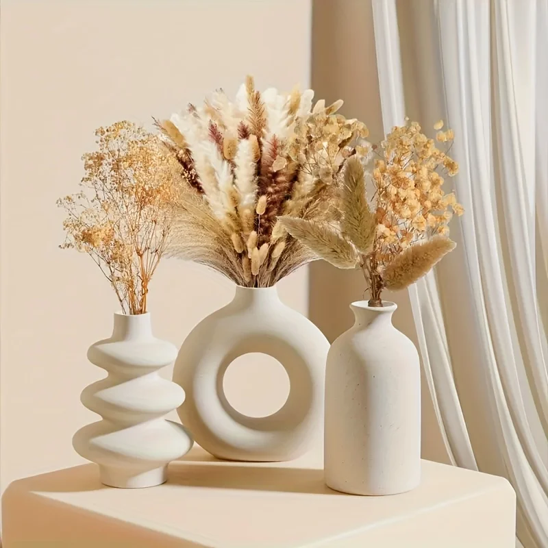 مجموعة من 3 مزهرية بوهيمية من السيراميك الأبيض، وزخارف مزهرية مبتكرة لتزيين المنزل وغرفة المعيشة وغرفة النوم #1