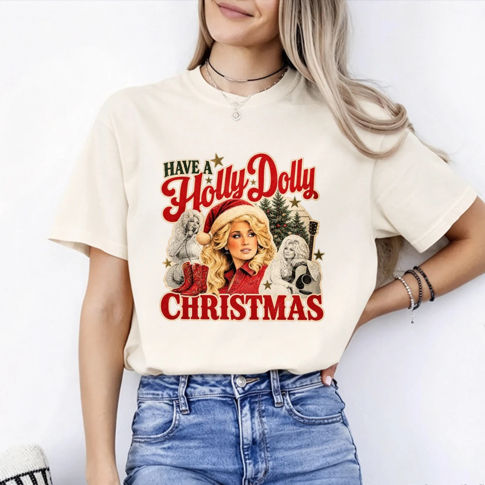 2026 Have A Holly Dolly Christmas T-Shirt Country Music Lover Retro Guitar Red Boots Tee Cream Holiday Gift for Women Unisex