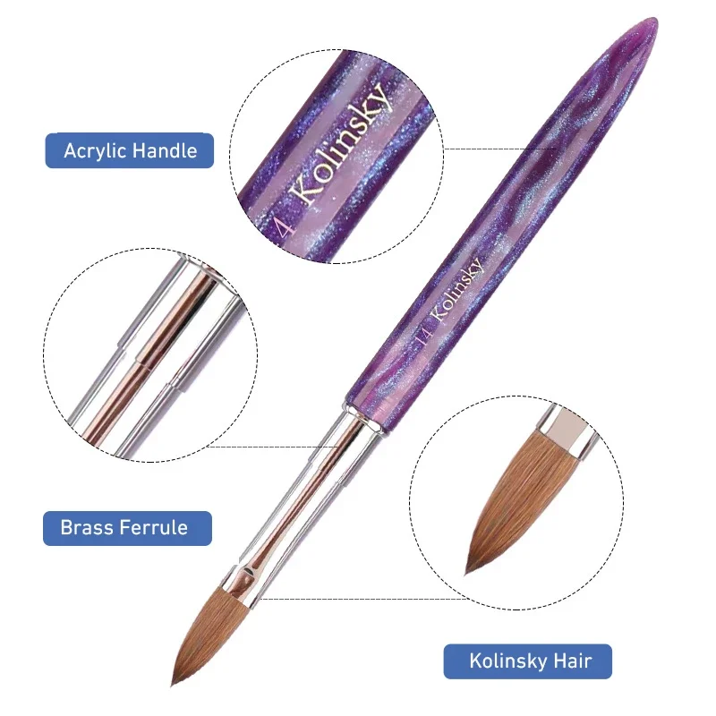 100% Kolinsky Acrylic Nail Brush with Purple Acrylic Handle for Acrylic Powder Nail Art Brush with Nail Technology