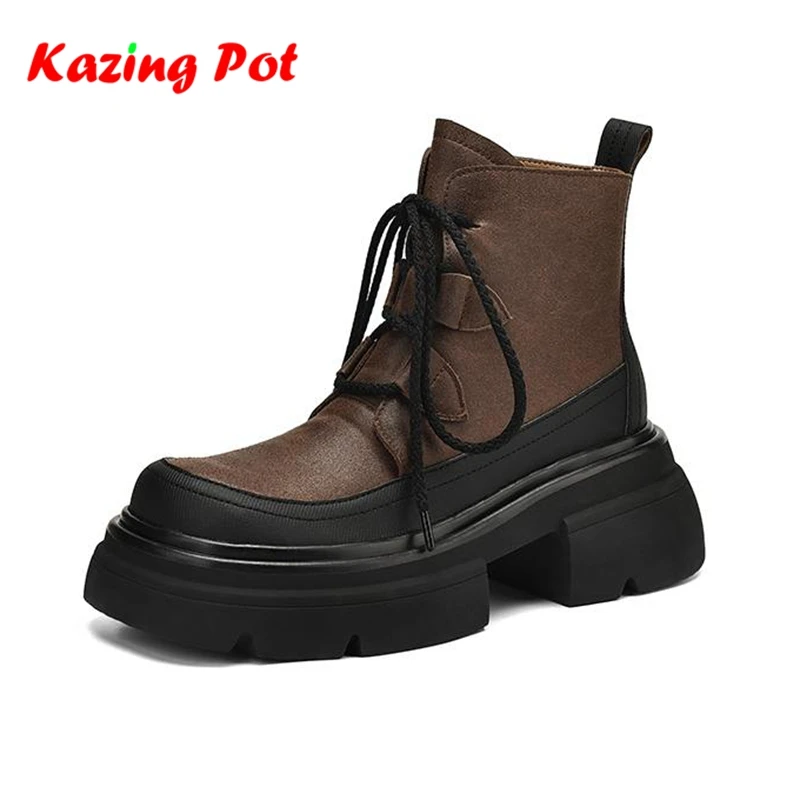 

Krazing Pot Cow Split Skin Punk Design Modern Thick Bottom Motorcycle Boots Casual Winter Autumn Handsome Warm Women Ankle Boots