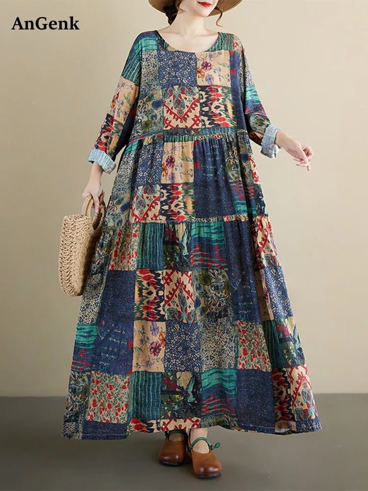 เดรสยาวแขนยาวพิมพ์ลายดอกไม้สไตล์วินเทจสำหรับผู้หญิง เดรสลำลองหลวมๆ สวยหรู เสื้อผ้าแฟชั่นสำหรับฤดูใบไม้ผลิและฤดูใบไม้ร่วง 2025