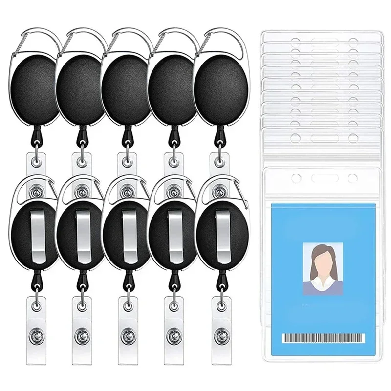 1PCS Key Chain Black Retractable ID Credit Card Holder Clip Bag Student Retractable Badge Reel with Card Holder Case Cover