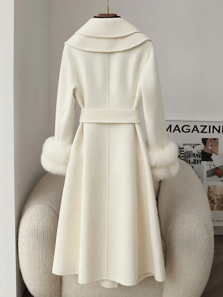 뜨거운 판매 가을 겨울 여성 진짜 모피 코트 캐시미어 울 혼합 여우 모피 커프스 고품질 숙녀 슬림 오버 코트