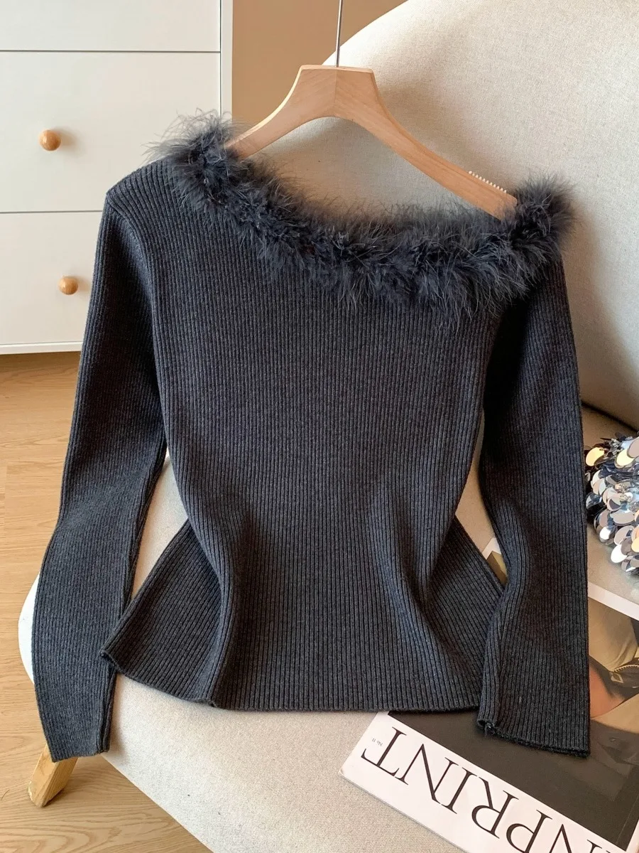Herbst Winter Damen Gestrickte Lange Sve Oulder Bared Faion High End Kleine Luxus Tonfarbe Blo Strickwaren Pendeln Sle