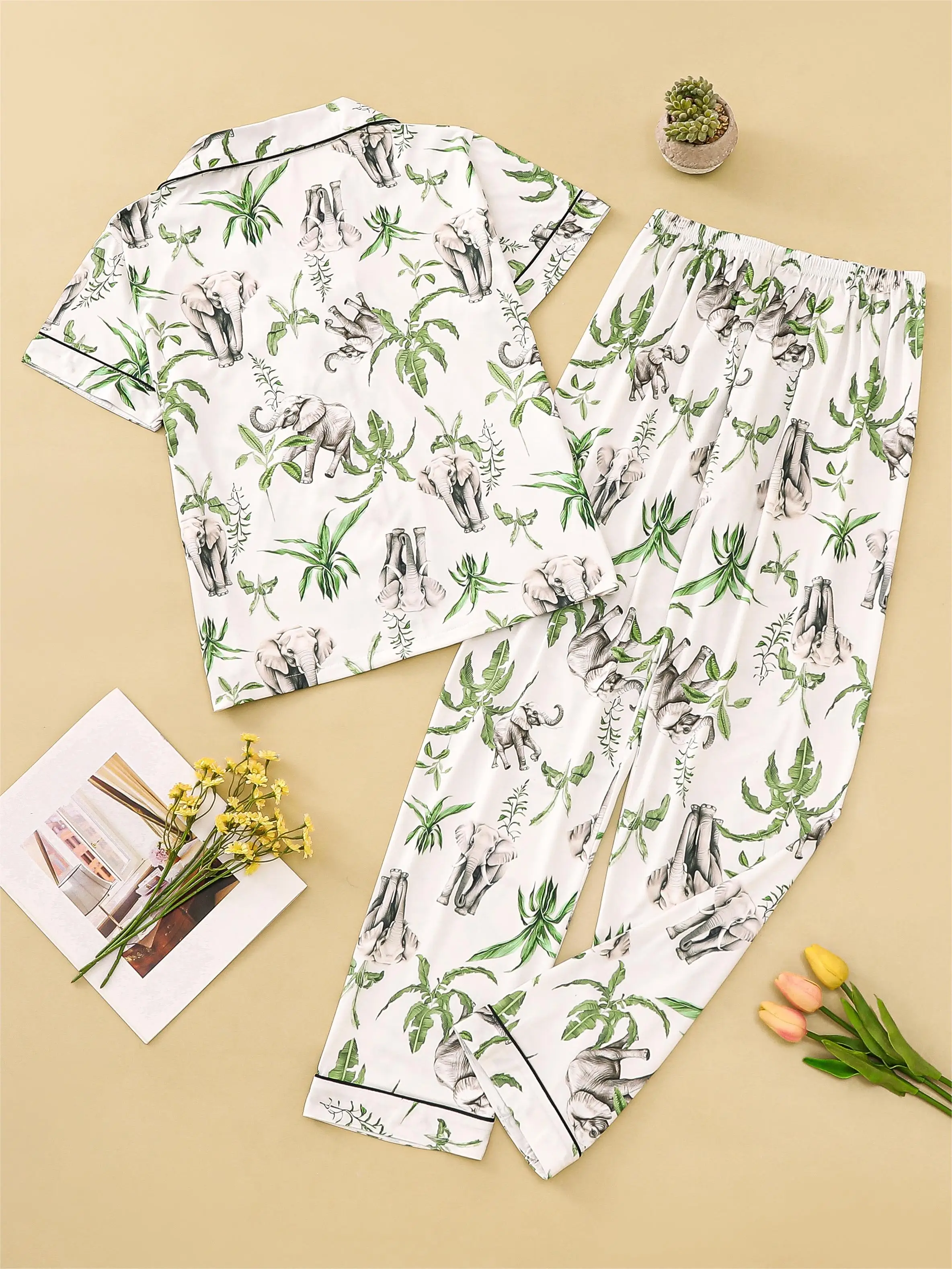 Tropical plant elephant print pajamas for women short-sleeved tops with lapels and loose trousers loungewear for women