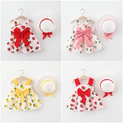 Baby Beach Dress Summer 2 Piece Set With Bow Strawberry Print Strap Girl Baby Dress And Hat Sweet Children'S Clothing