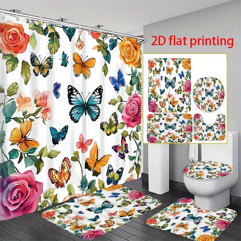 

4 шт., 2D плоская занавеска Hower с принтом, набор занавесок для душа, бабочки и розы ярких цветов. подарок на День святого Валентина