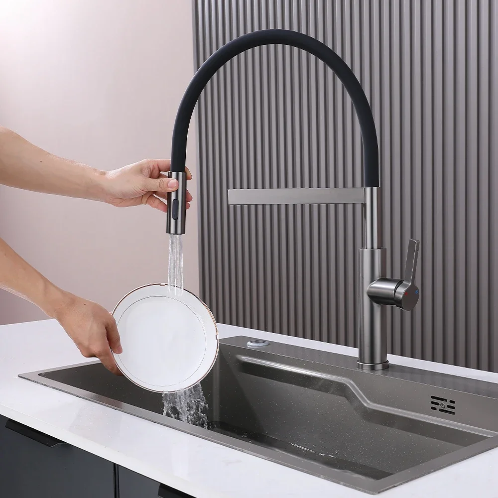 SKOWLL Flexible Silicone Gooseneck Kitchen Mixer Tap, 360° Swivel Extendable Spout, Single Lever High Arc Sink Faucet