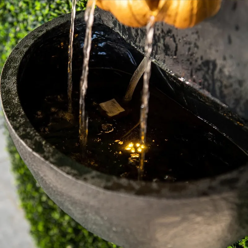 Fuente de agua de jardín al aire libre Zen de Buda de pared de resina de fibra de 30 pulgadas H con luz LED cálida, dorada