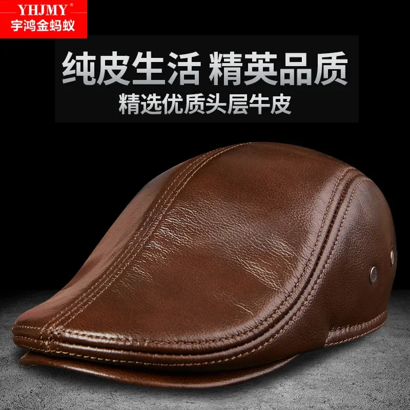 In the elderly autumn and winter leather cap men fashion warm forward cowhide hat thickened beret