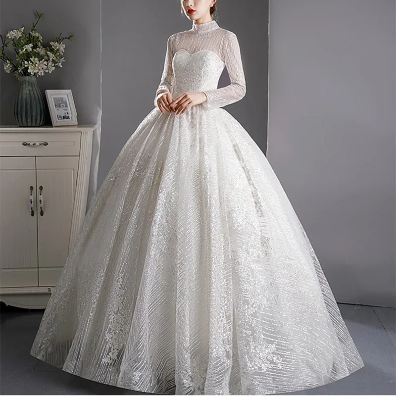 Customized High Collar Beads Long Full Sleeve Sparkling Splendid Wedding Dress For Women Vestido De Noiva Brides Ball Gown Lorie