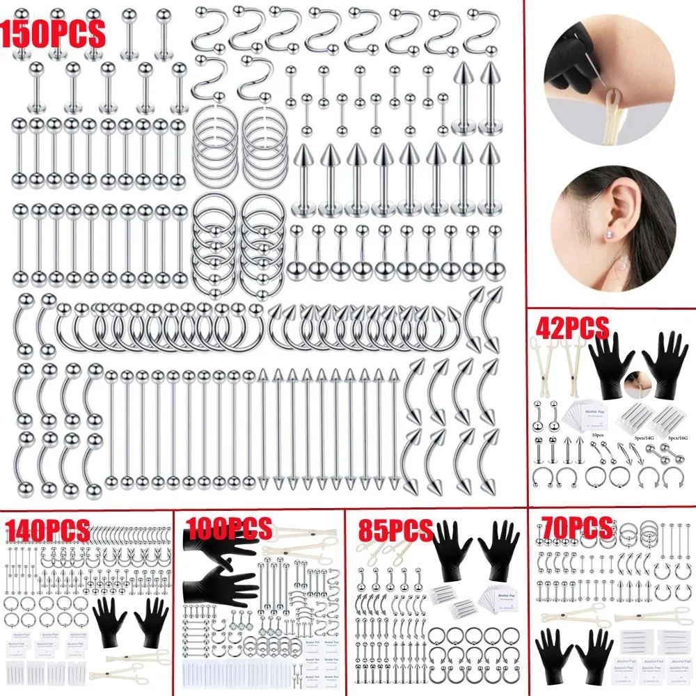 Kit de 150/140/85/70/42 Piezas para Piercing Corporal, Herramientas de Joyería, Agujas para Ombligo, Lengua, Ceja, Pezón, Labio, Nariz, Kit de Herramientas para Tatuajes