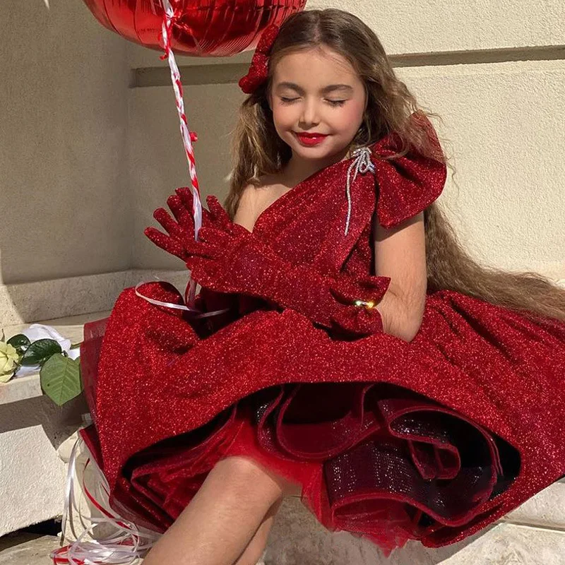 Red One-Shoulder Sequin Kids Princess Dress - Tulle Tutu Formal Pageant Birthday Banquet Host Performance Costume with Bowknot