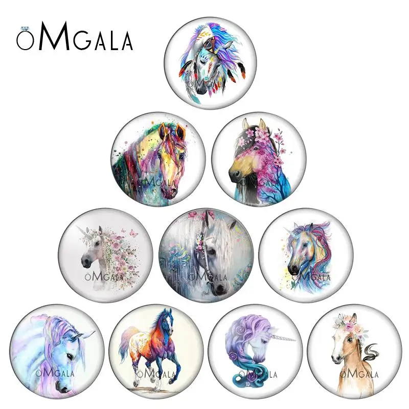 Horse Drawing 10pcs Round 8mm-30mm Animal Art Painting photo glass cabochon for DIY jewelry bracelets necklace wholesale