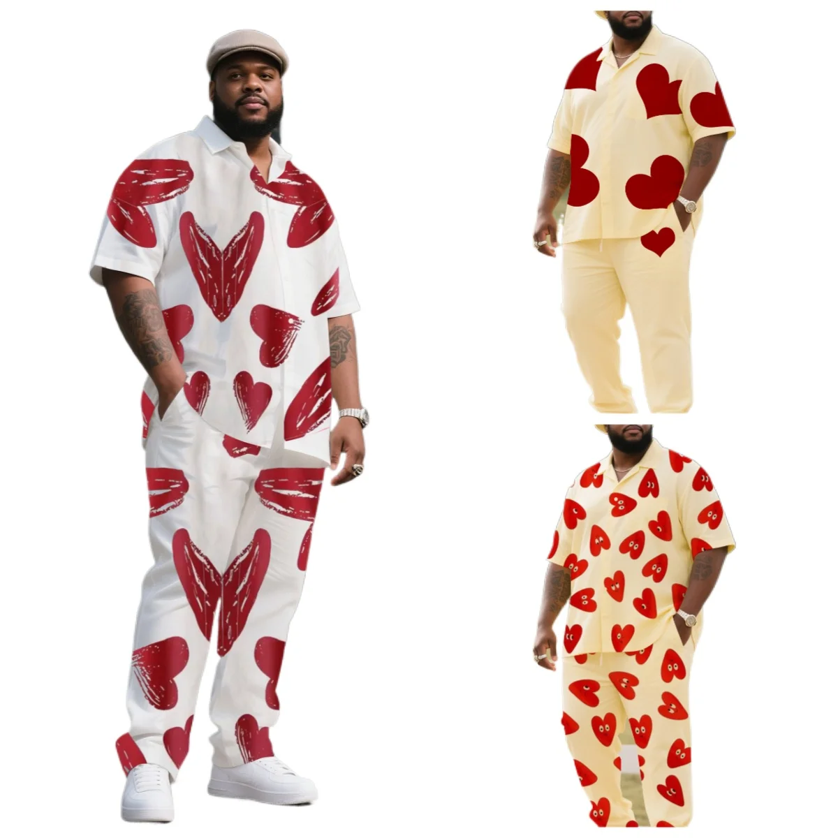 

S-9XL Men's Summer Casual Set Cute Heart Print Oversized Short Sleeve Shirt Wide Leg Pants Multi-Design Sweet Couple Style