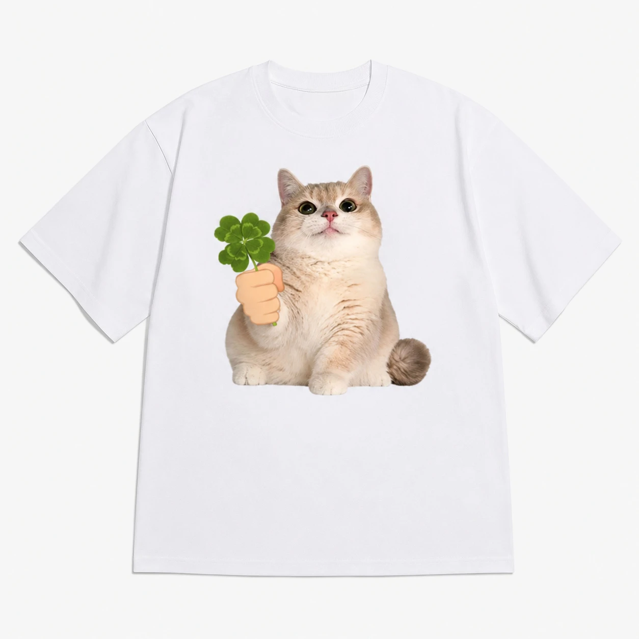 Korean Style Cute Lucky Cat Four Leaf Clover Casual T Shirt Unisex Loose Oversized Casual Streetwear Cotton Summer Graphic Tee